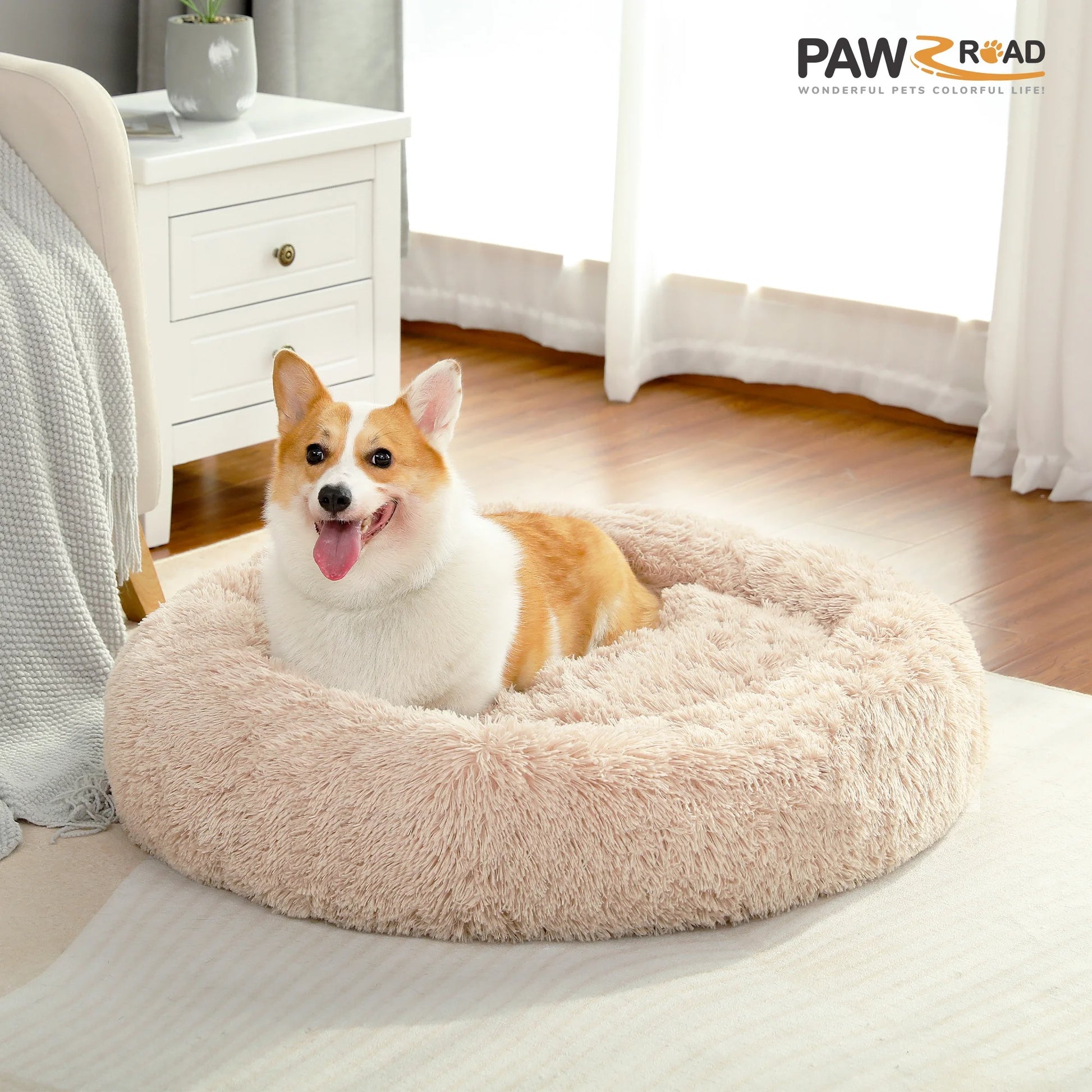 Calming Donut Dog Bed Anti-Anxiety Plush Pillow round Puppy Cat Bed 35" for Pets up to 100Lbs,Beige