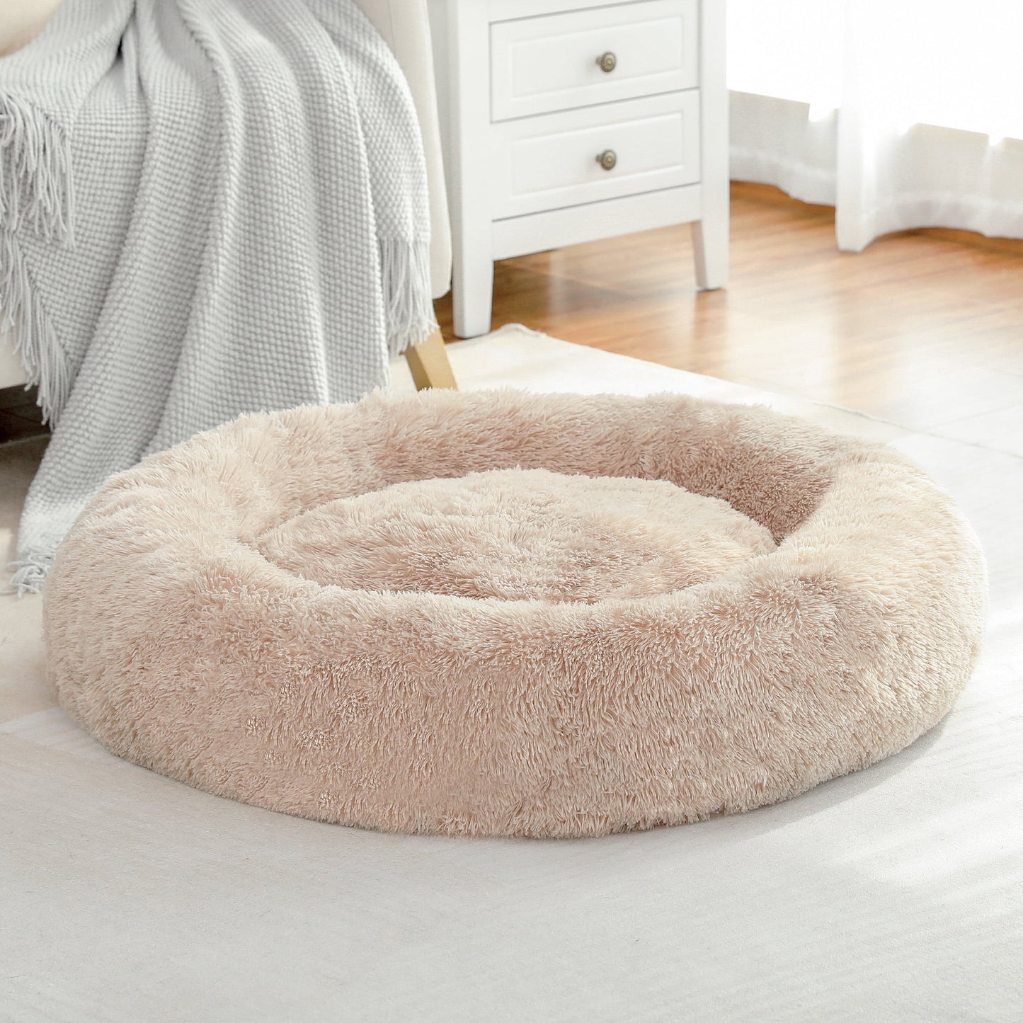 Calming Donut Dog Bed Anti-Anxiety Plush Pillow round Puppy Cat Bed 35" for Pets up to 100Lbs,Beige