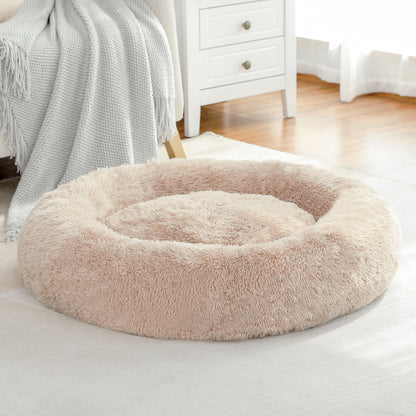 Calming Donut Dog Bed Anti-Anxiety Plush Pillow round Puppy Cat Bed 35" for Pets up to 100Lbs,Beige