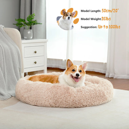 Calming Donut Dog Bed Anti-Anxiety Plush Pillow round Puppy Cat Bed 35" for Pets up to 100Lbs,Beige