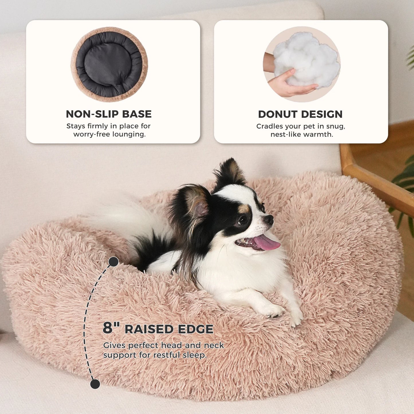 Calming Donut Dog Bed Anti-Anxiety Plush Pillow round Puppy Cat Bed 35" for Pets up to 100Lbs,Beige