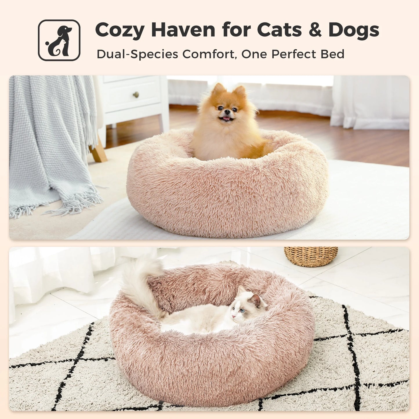 Calming Donut Dog Bed Anti-Anxiety Plush Pillow round Puppy Cat Bed 35" for Pets up to 100Lbs,Beige