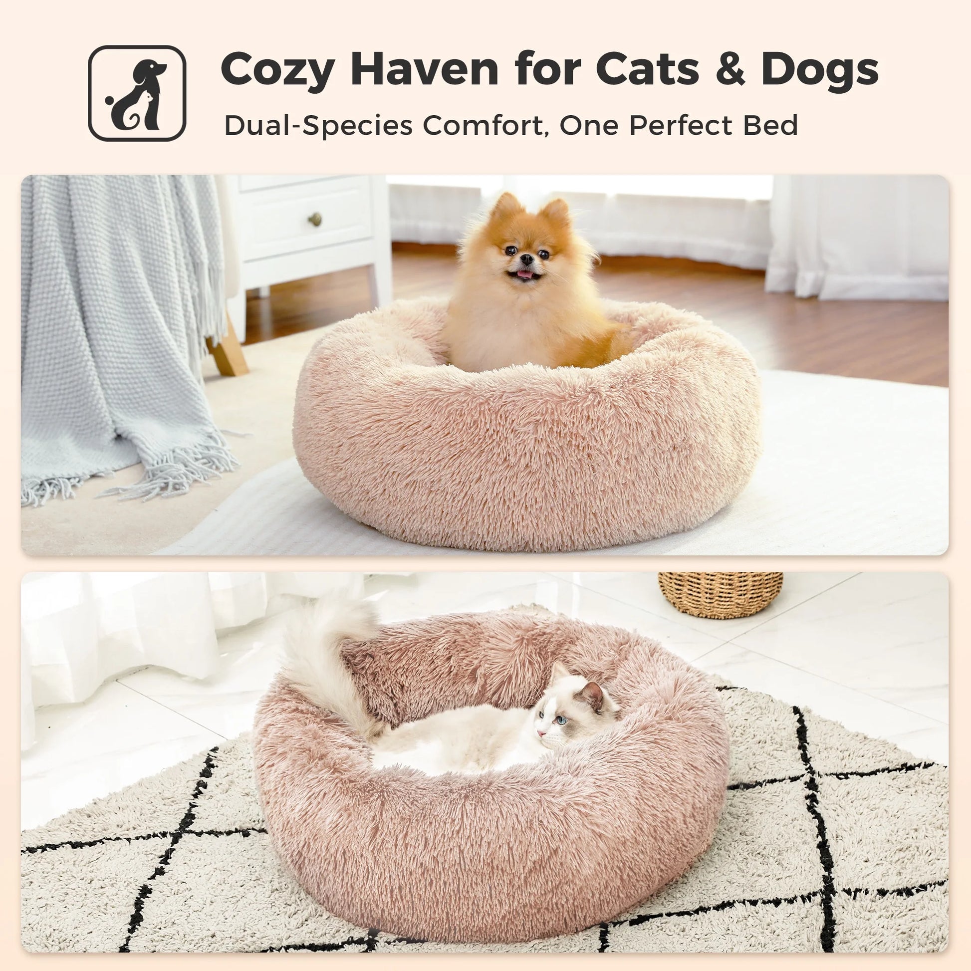 Calming Donut Dog Bed Anti-Anxiety Plush Pillow round Puppy Cat Bed 35" for Pets up to 100Lbs,Beige