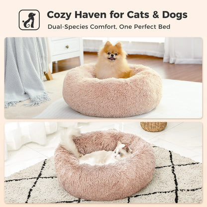 Calming Donut Dog Bed Anti-Anxiety Plush Pillow round Puppy Cat Bed 35" for Pets up to 100Lbs,Beige